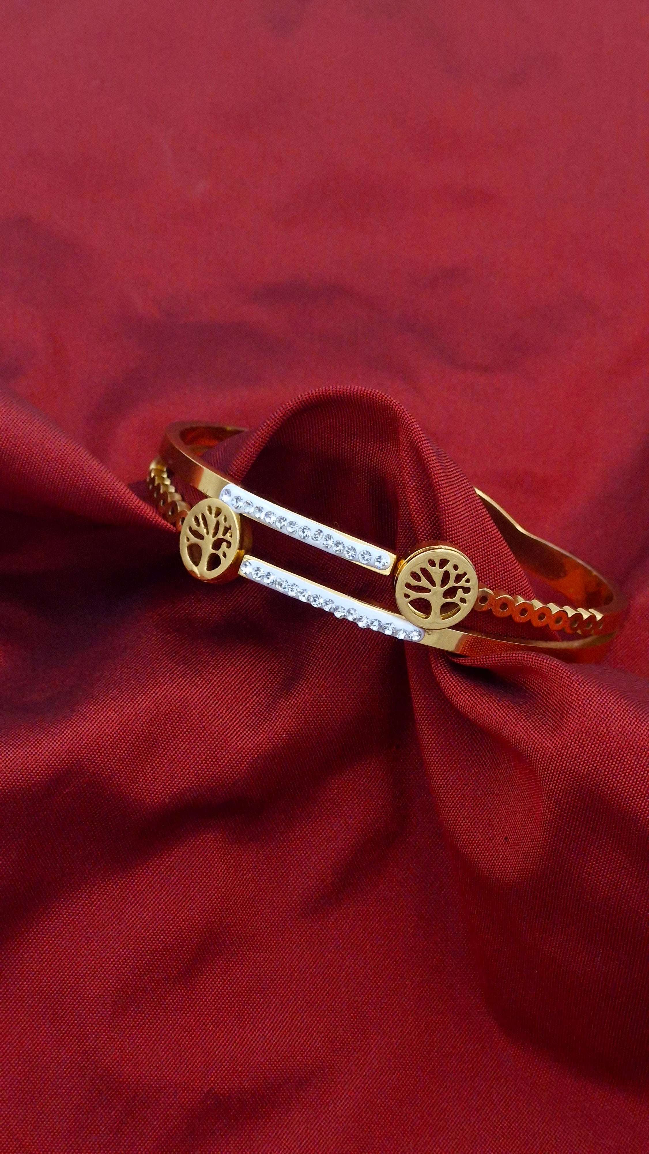 Gold Finish Tree Motif Anti-Tarnish Stainless Steel Kada with Crystal Detailing