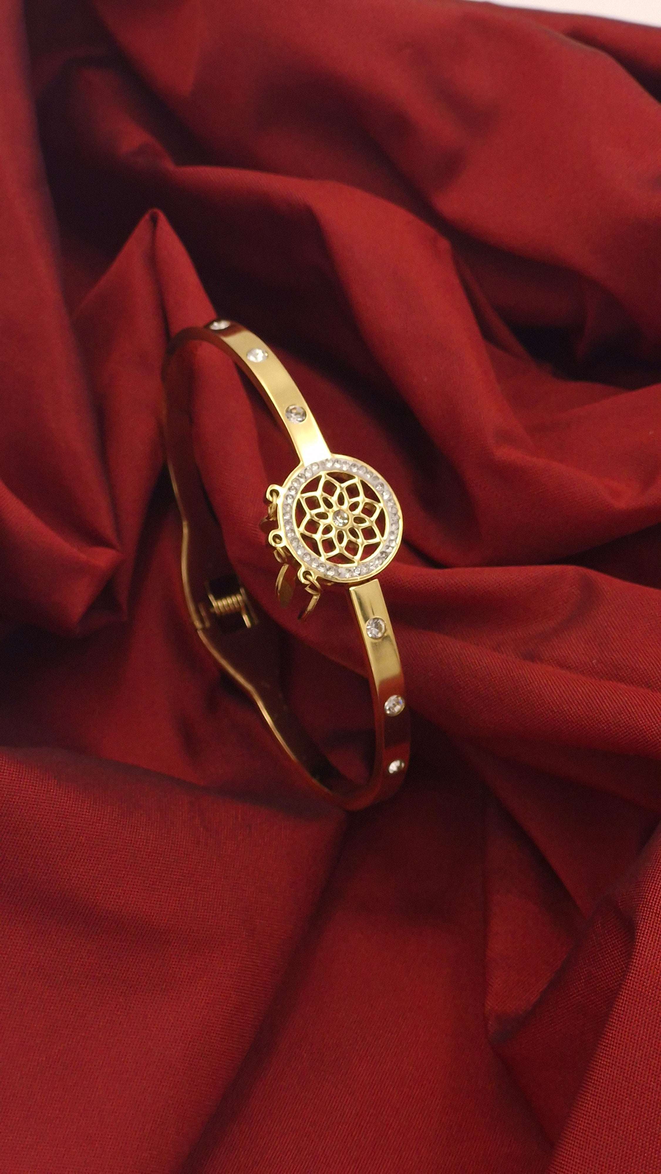 Gold Finish Mandala Design Anti-Tarnish Stainless Steel Kada with Crystal Accents