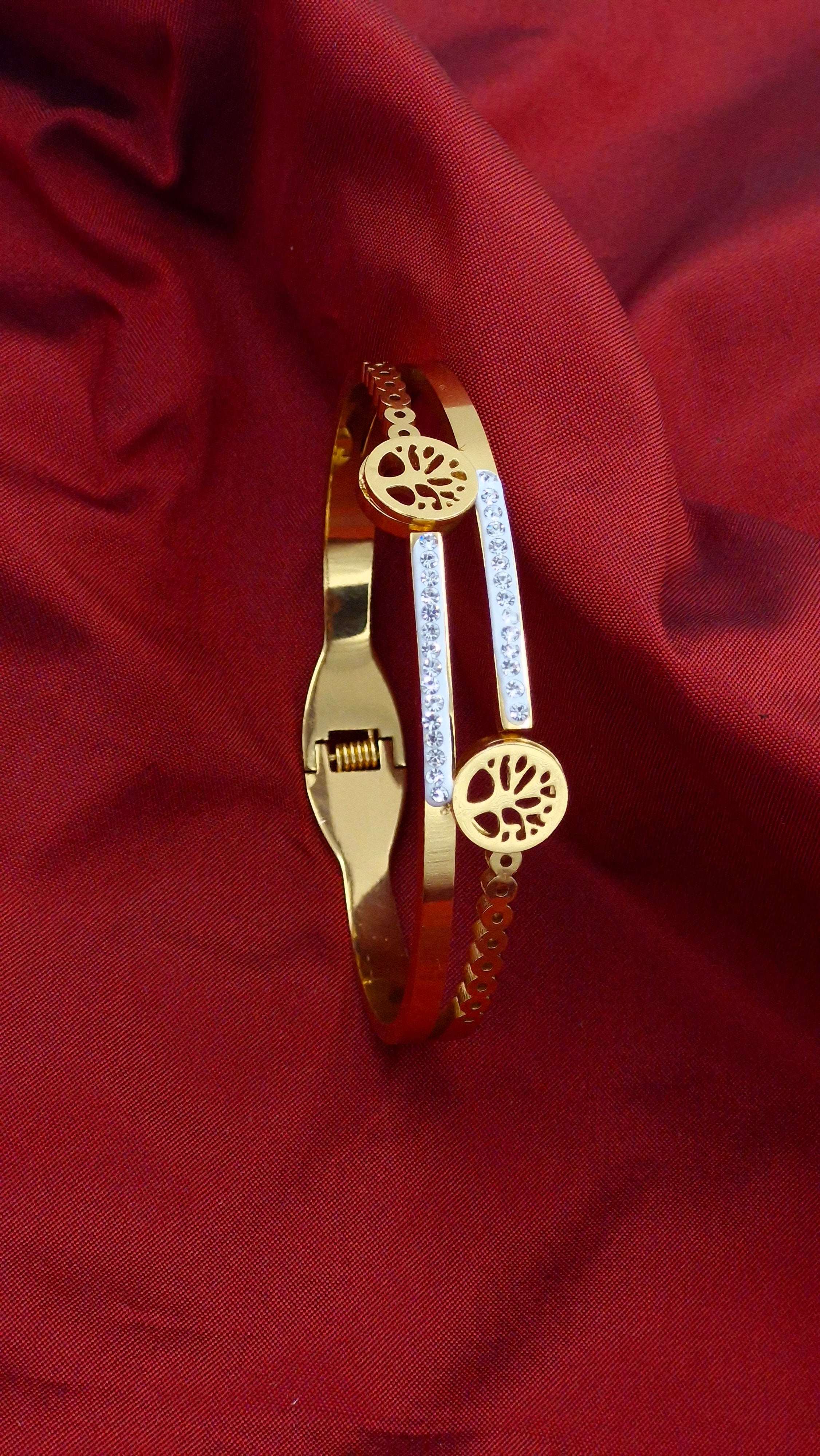 Gold Finish Tree Motif Anti-Tarnish Stainless Steel Kada with Crystal Detailing