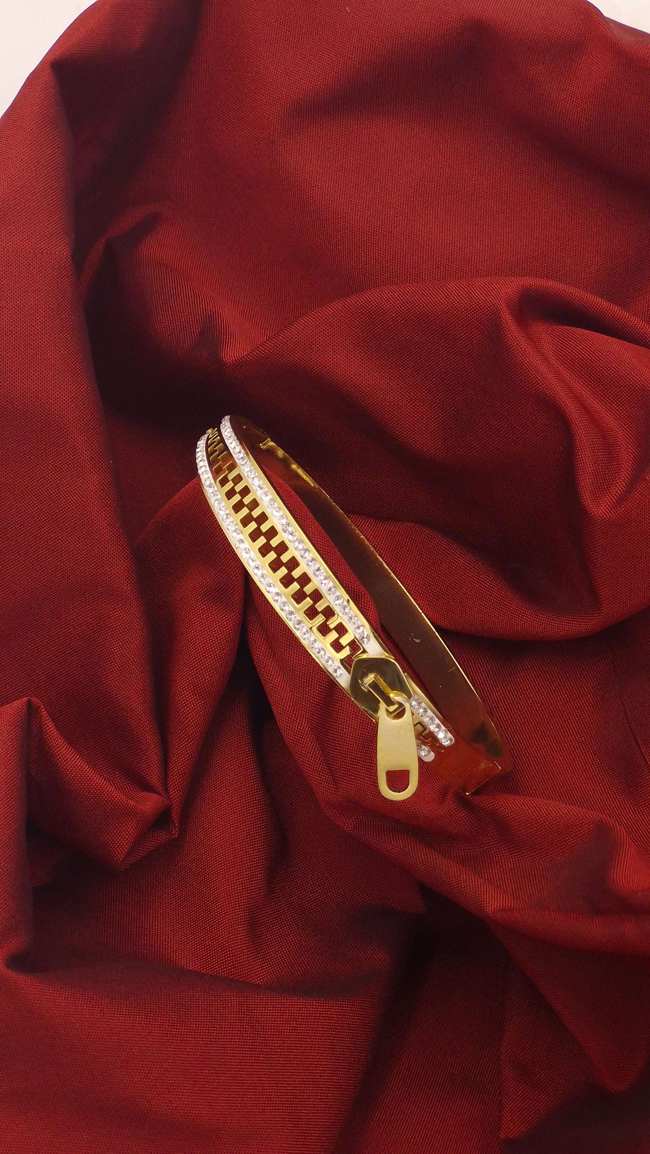 Designer Zipper-Motif Kada – Crystal Bordered Anti-Tarnish Statement Bangle