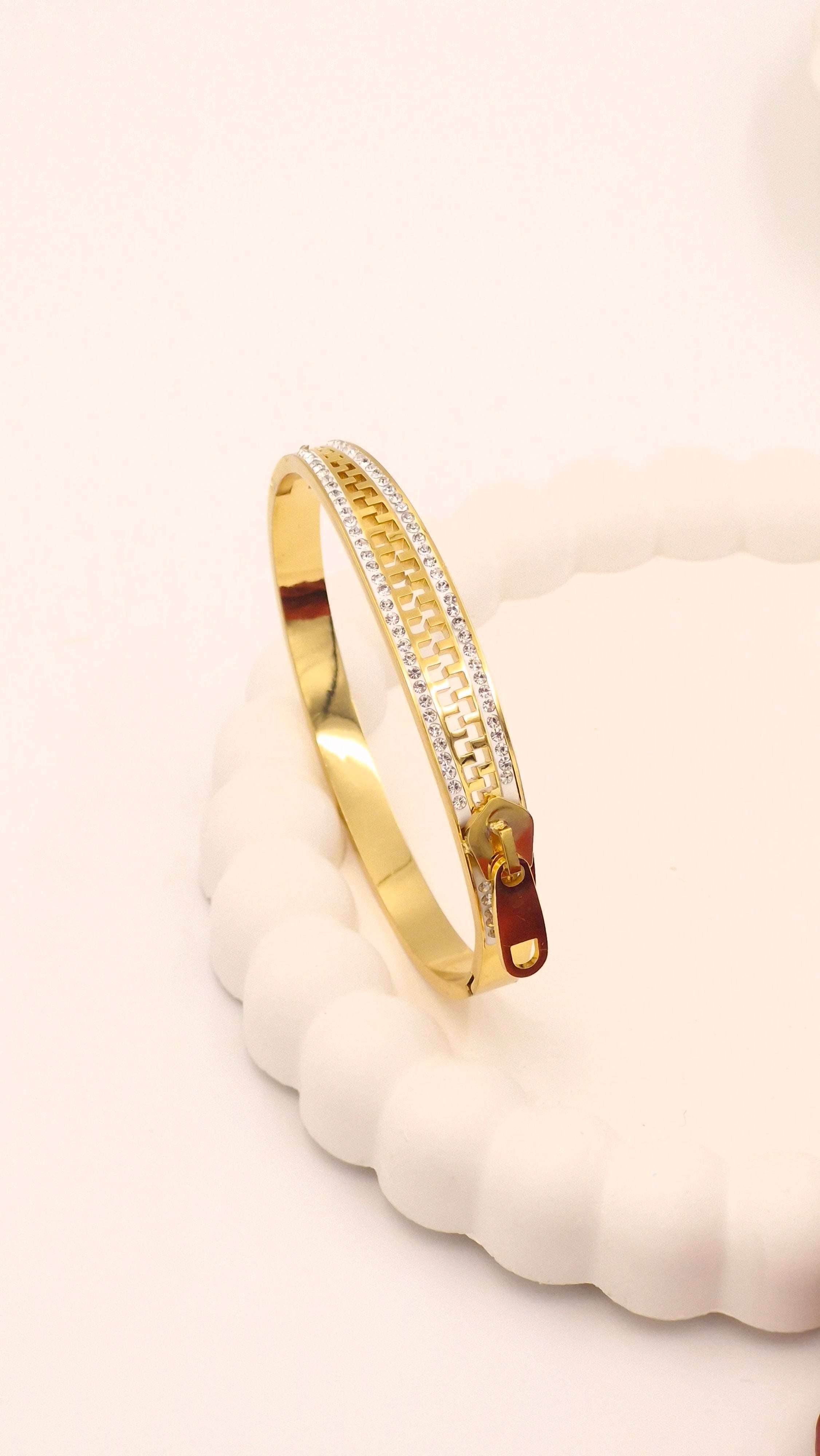 Designer Zipper-Motif Kada – Crystal Bordered Anti-Tarnish Statement Bangle