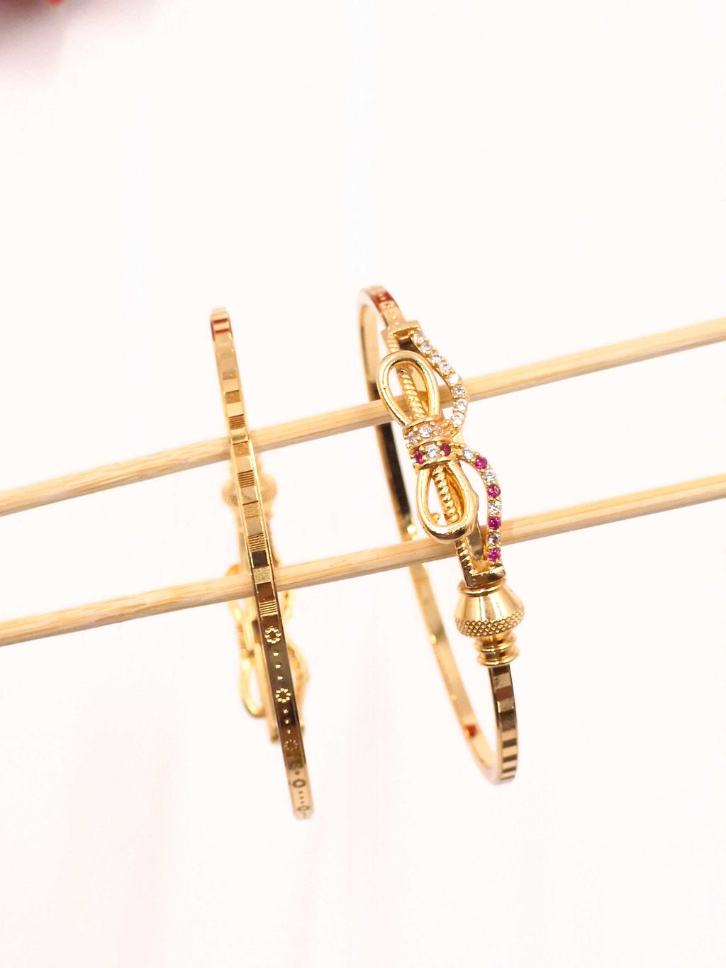 Gold-Plated American Diamond & Ruby Stone Studded Bow-Knot Designer Bangle Set for Women & Girls (Pack of 2)