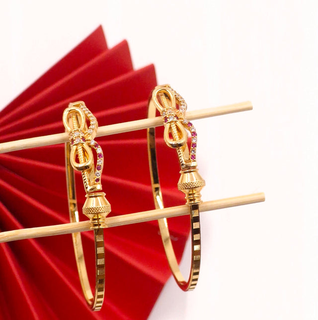 Gold-Plated American Diamond & Ruby Stone Studded Bow-Knot Designer Bangle Set for Women & Girls (Pack of 2)