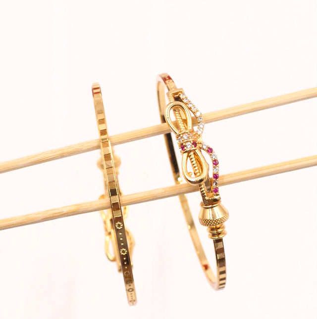 Gold-Plated American Diamond & Ruby Stone Studded Bow-Knot Designer Bangle Set for Women & Girls (Pack of 2)