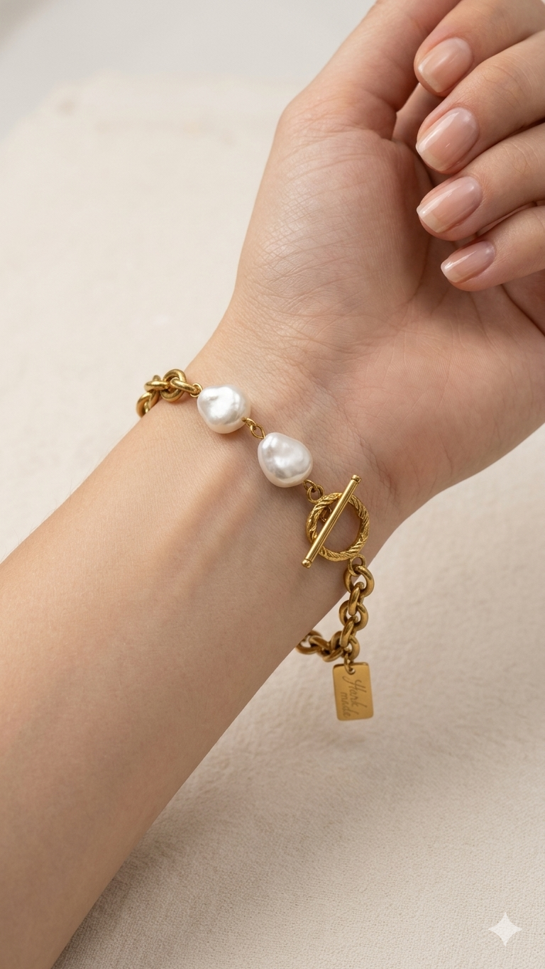 Anti-tarnish gold chunky link bracelet with two white baroque pearls and toggle clasp, waterproof jewelry for beach and festival wear